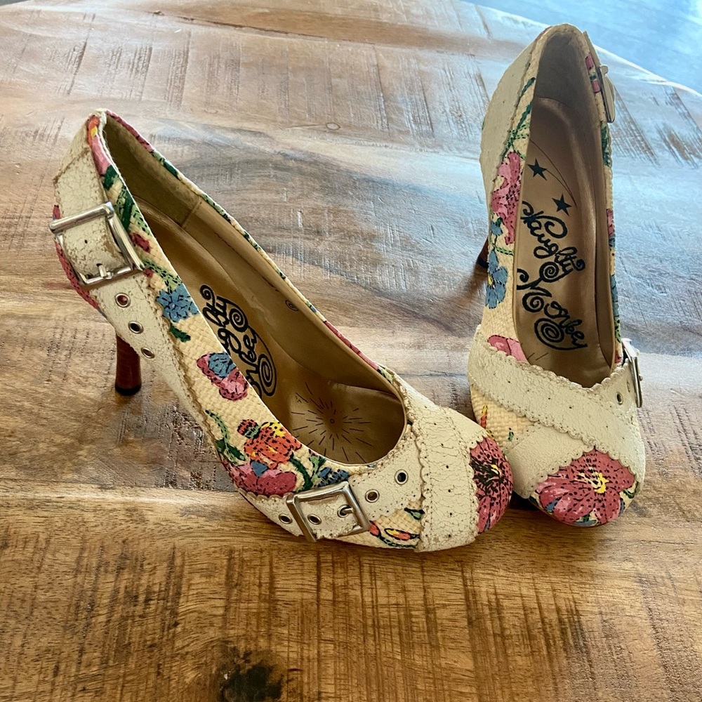 Naughty Monkey Womens Pumps Cone Buckle Heels Multicolor Floral Leather SZ 6